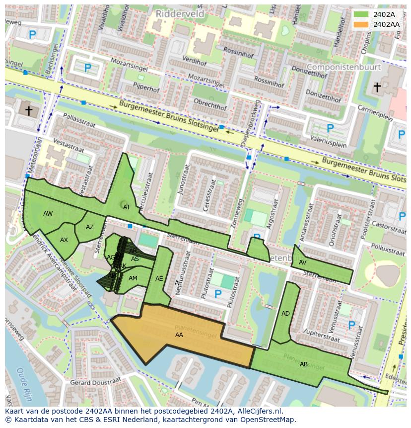 Afbeelding van het postcodegebied 2402 AA op de kaart.