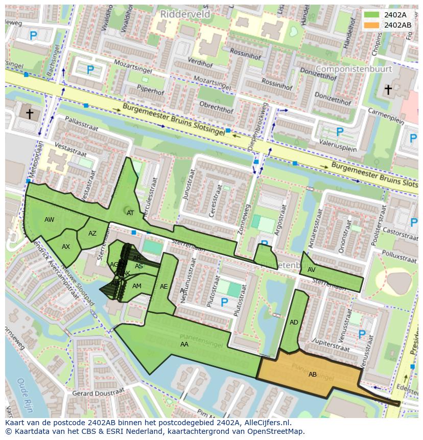 Afbeelding van het postcodegebied 2402 AB op de kaart.