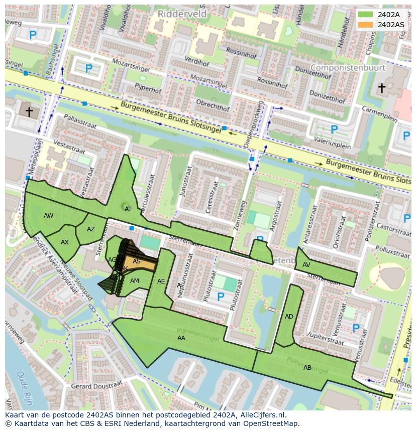 Afbeelding van het postcodegebied 2402 AS op de kaart.