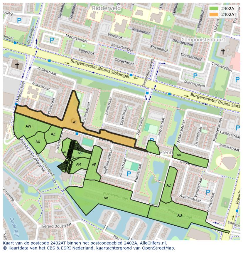 Afbeelding van het postcodegebied 2402 AT op de kaart.