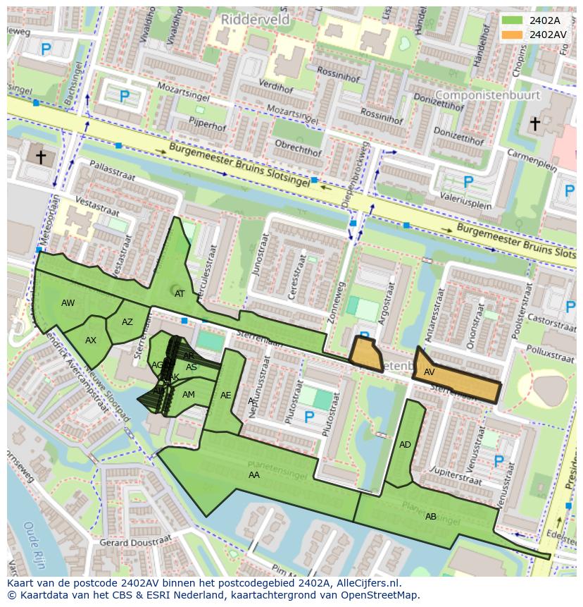 Afbeelding van het postcodegebied 2402 AV op de kaart.