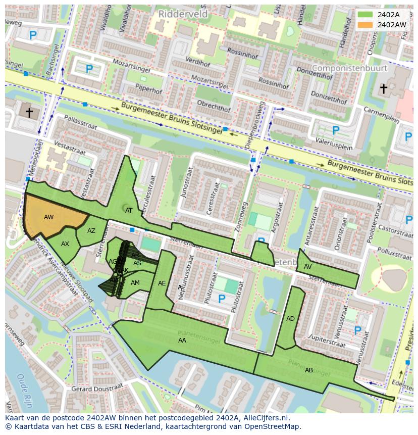 Afbeelding van het postcodegebied 2402 AW op de kaart.