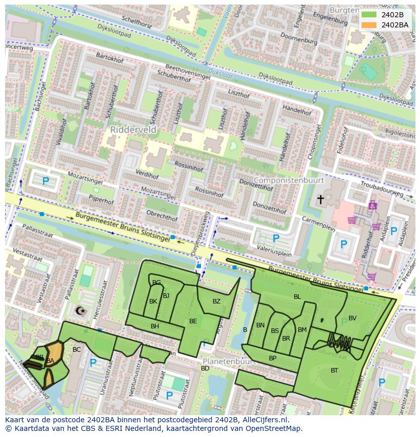 Afbeelding van het postcodegebied 2402 BA op de kaart.