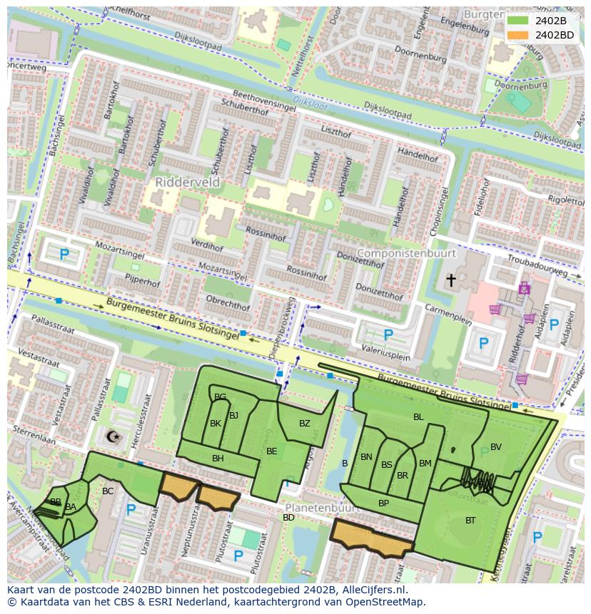 Afbeelding van het postcodegebied 2402 BD op de kaart.