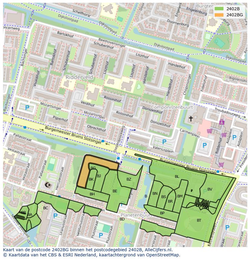 Afbeelding van het postcodegebied 2402 BG op de kaart.