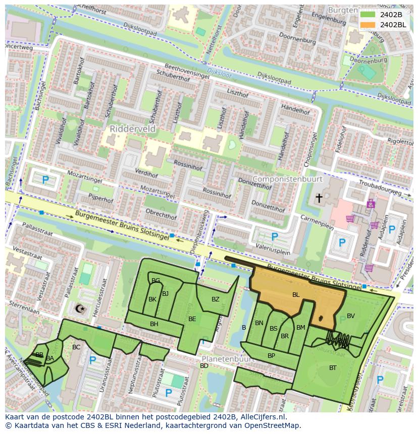Afbeelding van het postcodegebied 2402 BL op de kaart.