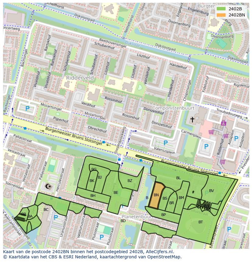 Afbeelding van het postcodegebied 2402 BN op de kaart.