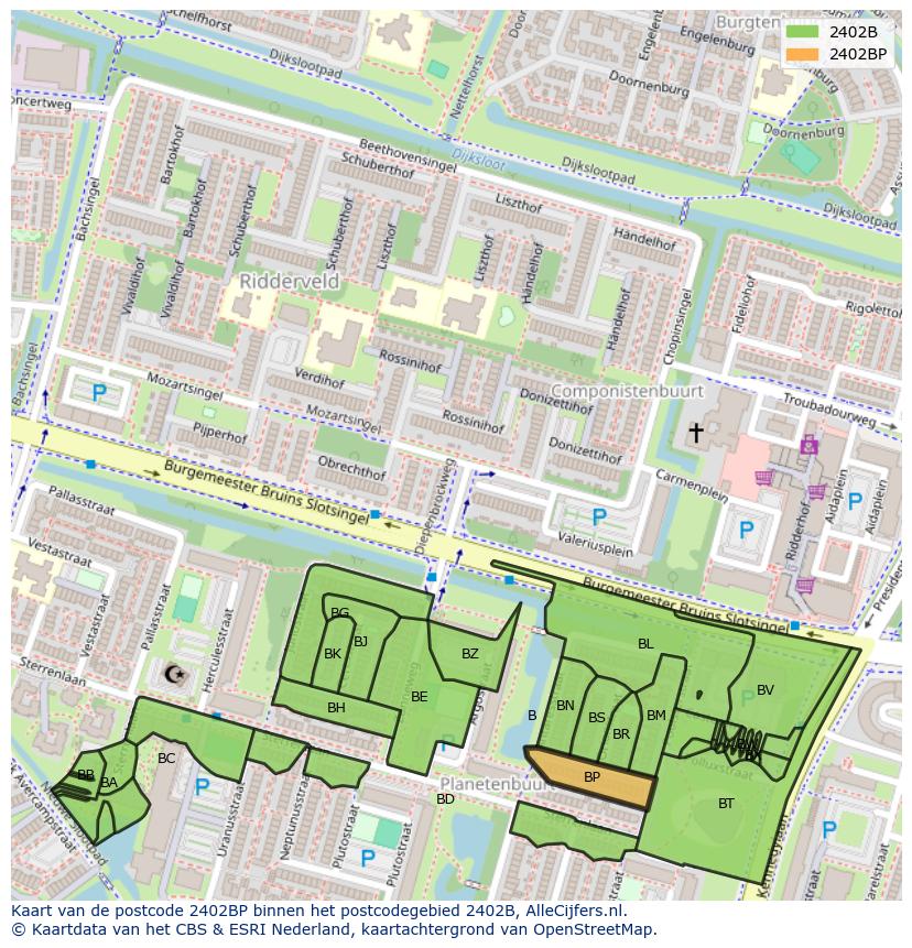 Afbeelding van het postcodegebied 2402 BP op de kaart.