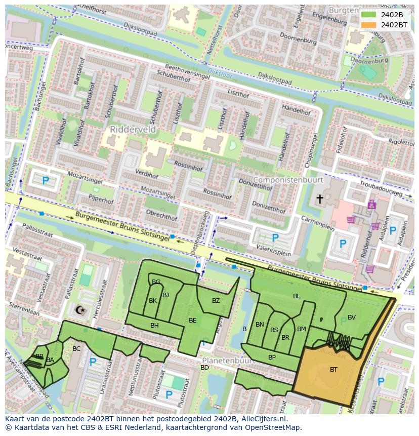 Afbeelding van het postcodegebied 2402 BT op de kaart.