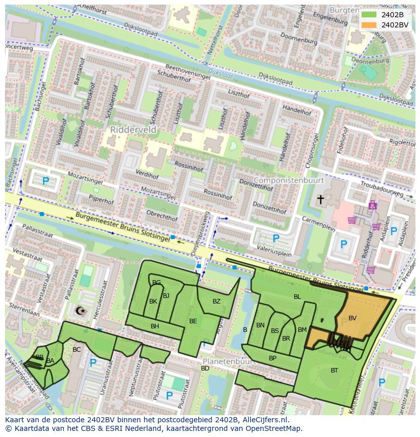 Afbeelding van het postcodegebied 2402 BV op de kaart.