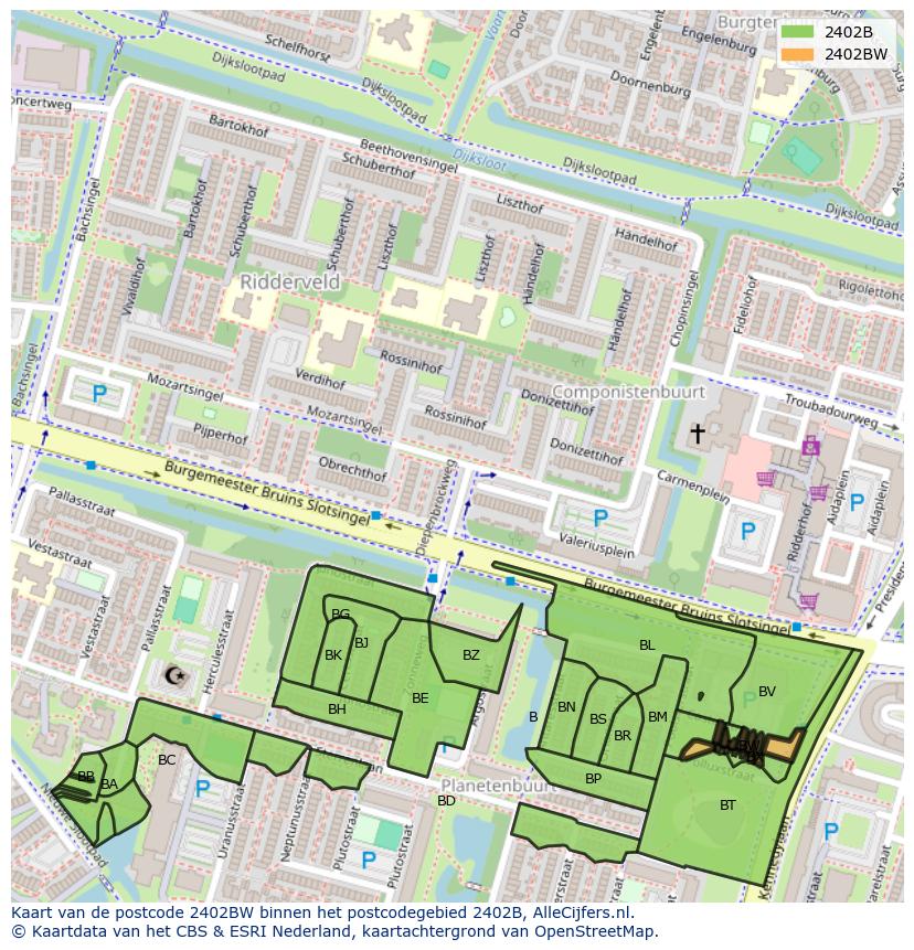 Afbeelding van het postcodegebied 2402 BW op de kaart.
