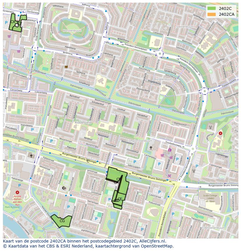 Afbeelding van het postcodegebied 2402 CA op de kaart.