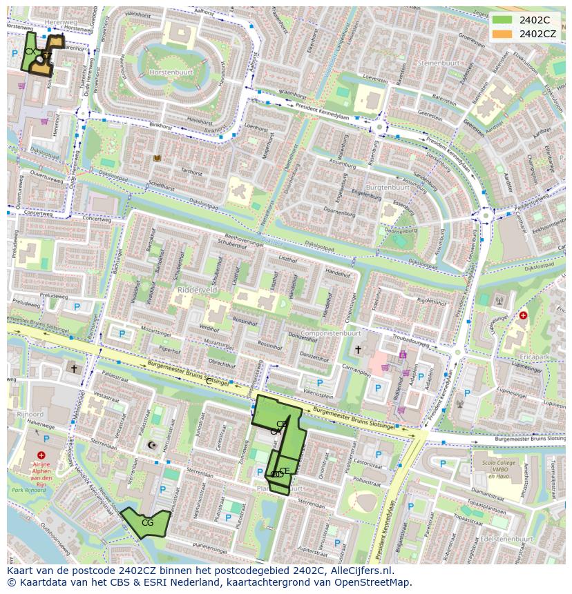 Afbeelding van het postcodegebied 2402 CZ op de kaart.