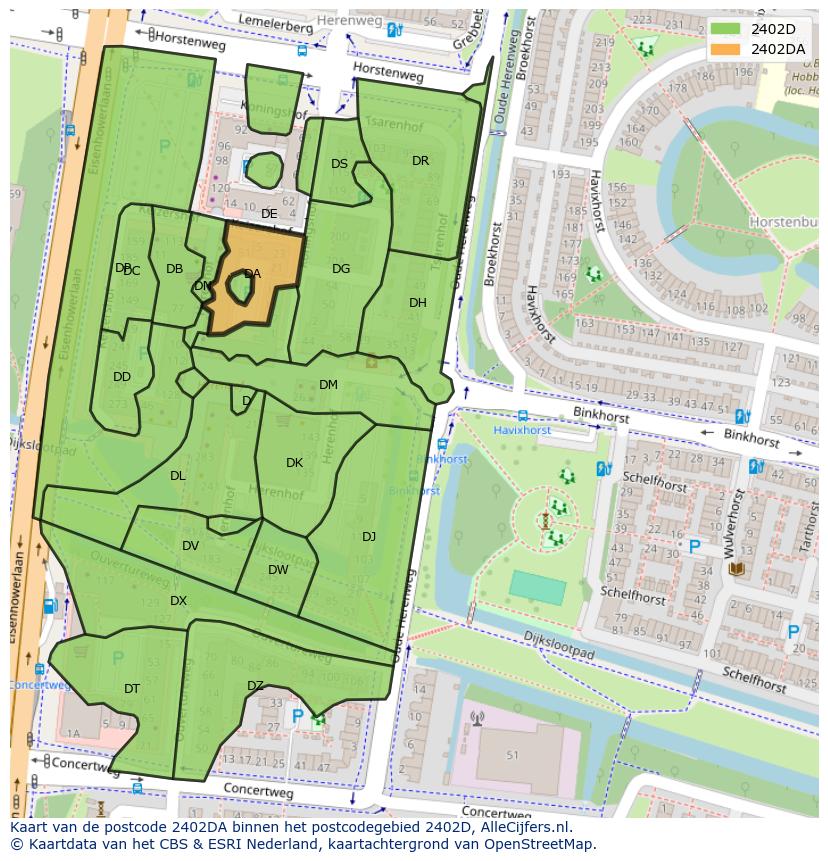 Afbeelding van het postcodegebied 2402 DA op de kaart.