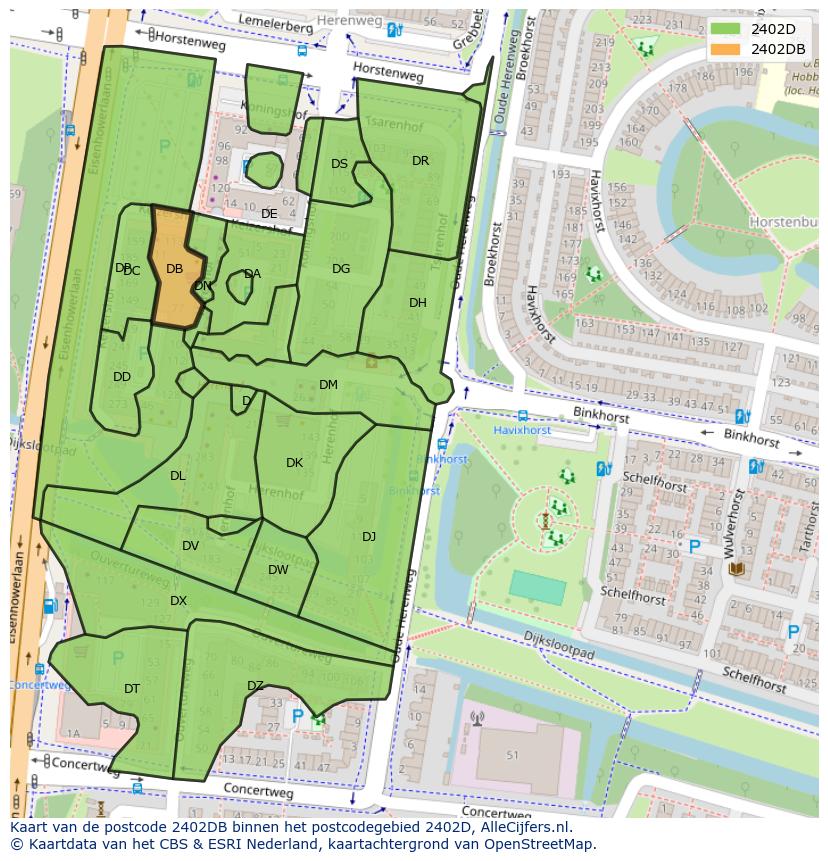 Afbeelding van het postcodegebied 2402 DB op de kaart.