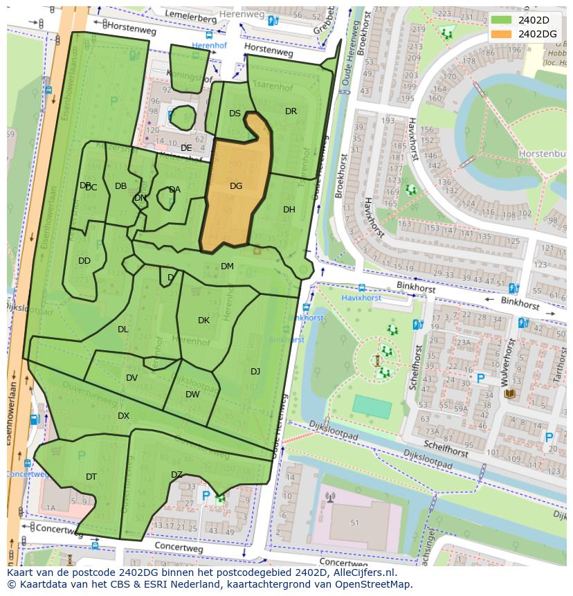Afbeelding van het postcodegebied 2402 DG op de kaart.