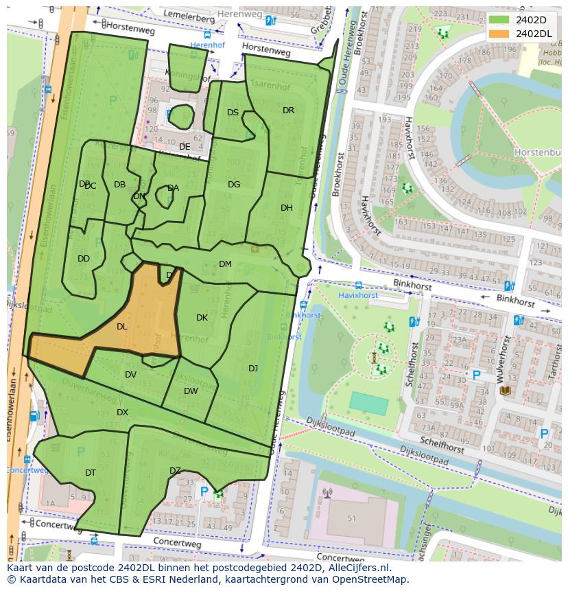Afbeelding van het postcodegebied 2402 DL op de kaart.