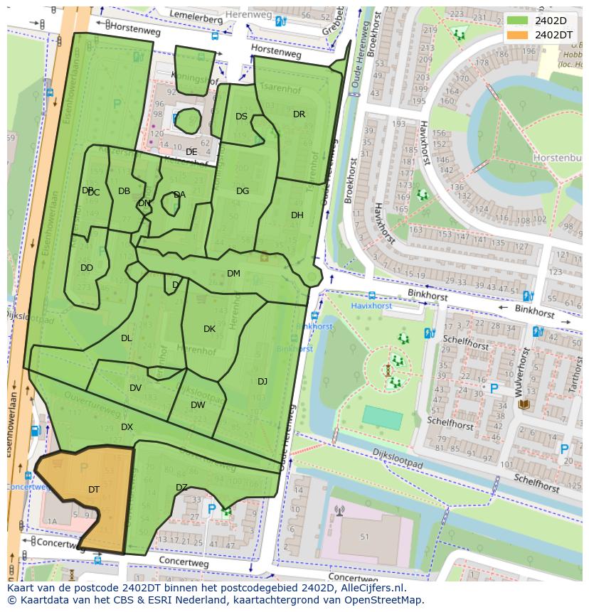Afbeelding van het postcodegebied 2402 DT op de kaart.