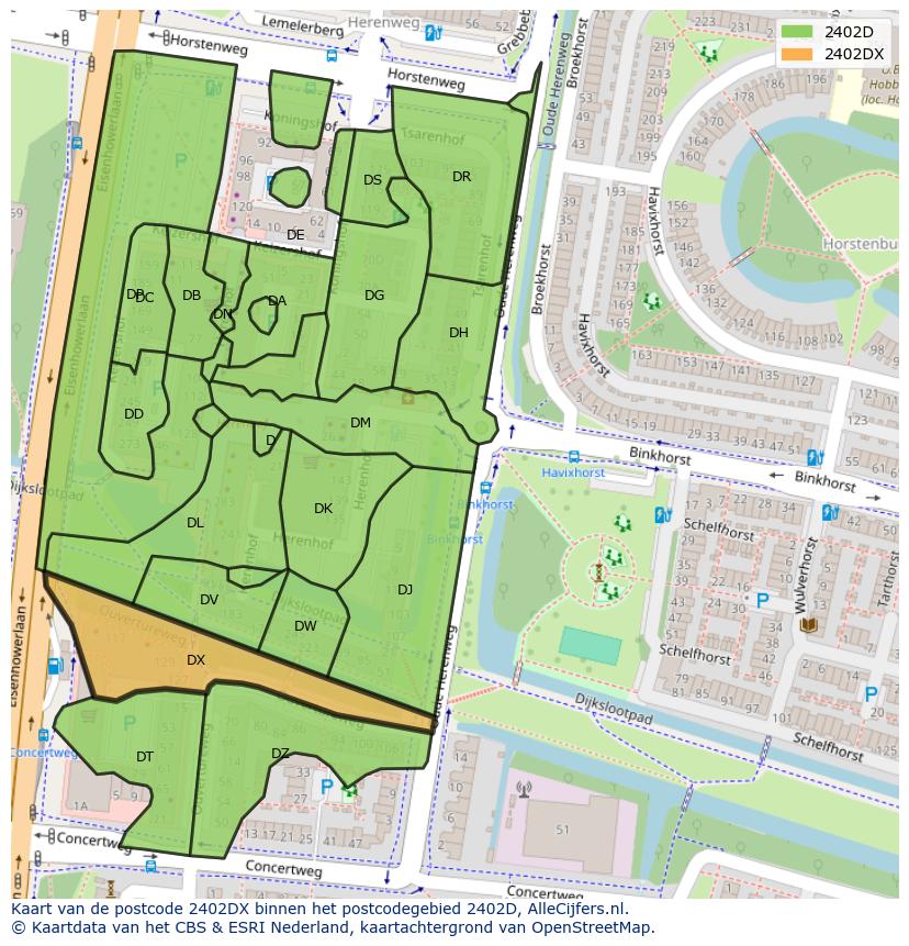 Afbeelding van het postcodegebied 2402 DX op de kaart.