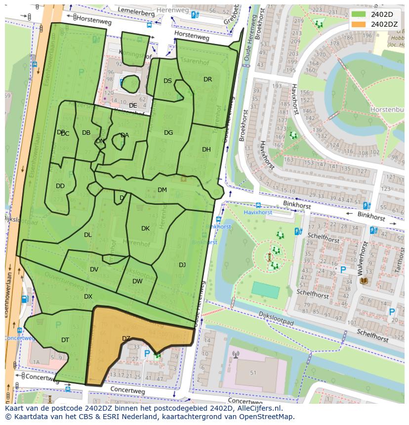 Afbeelding van het postcodegebied 2402 DZ op de kaart.