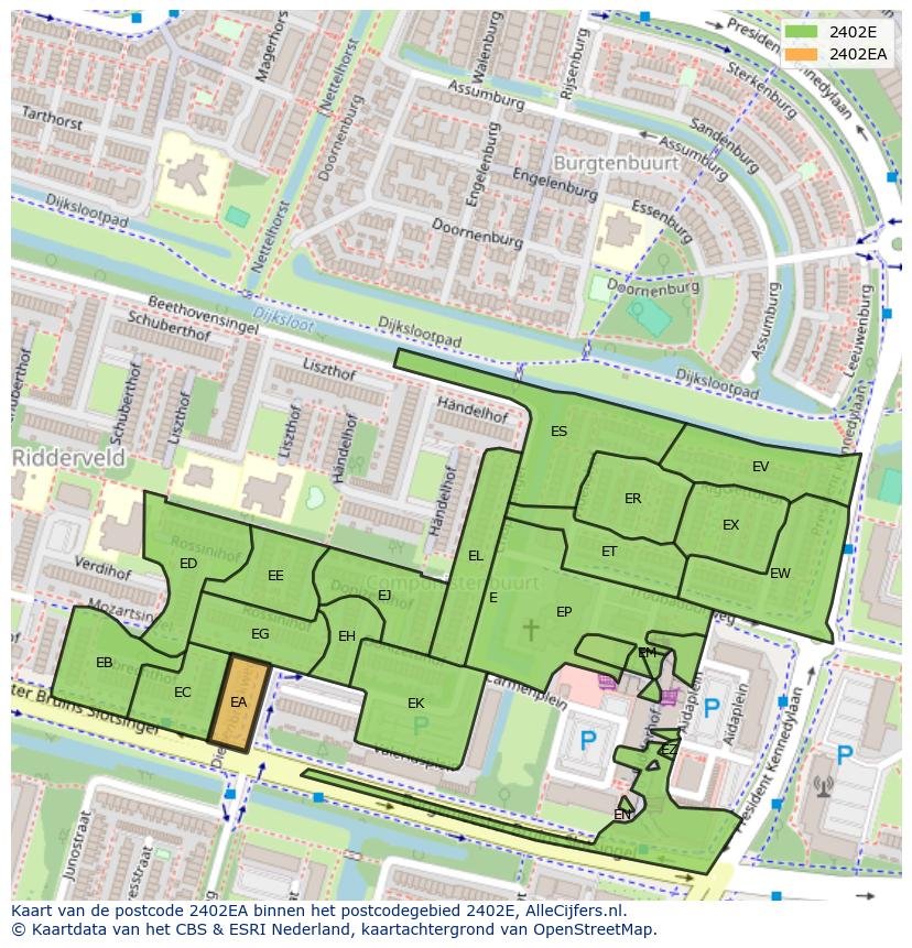 Afbeelding van het postcodegebied 2402 EA op de kaart.