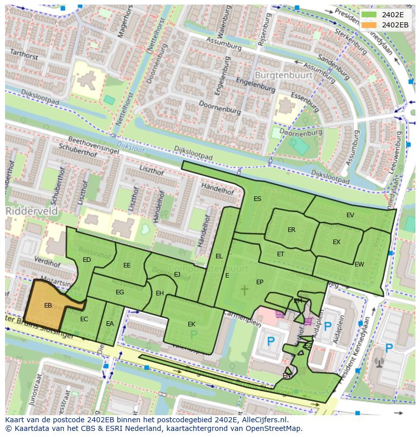 Afbeelding van het postcodegebied 2402 EB op de kaart.