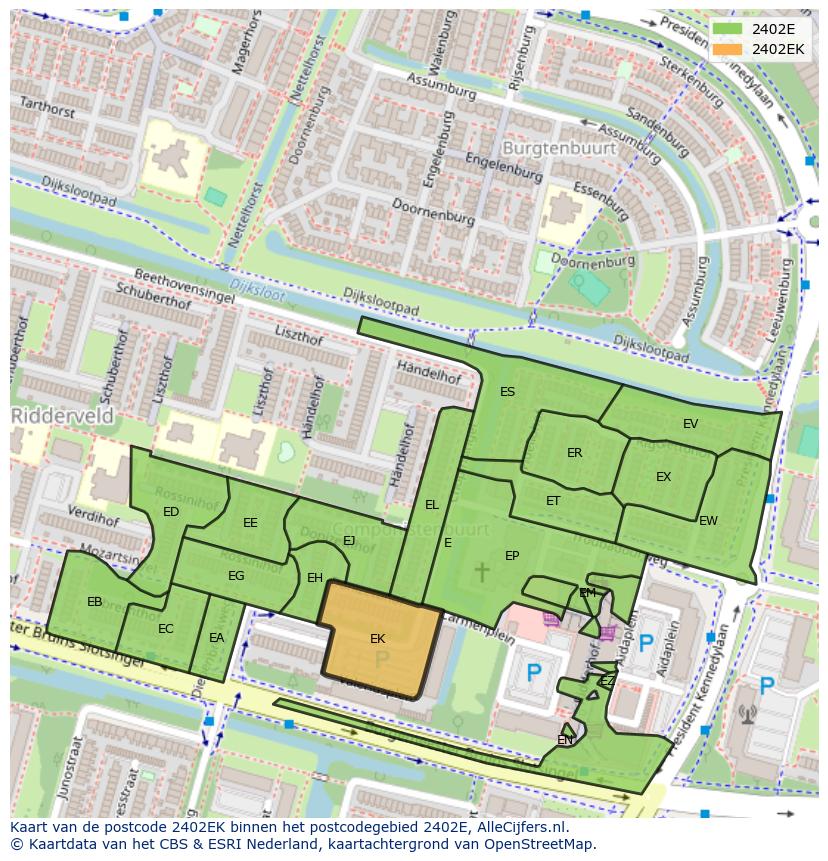 Afbeelding van het postcodegebied 2402 EK op de kaart.