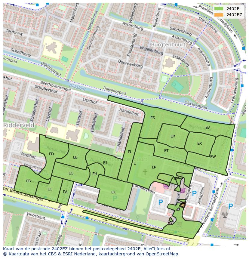 Afbeelding van het postcodegebied 2402 EZ op de kaart.
