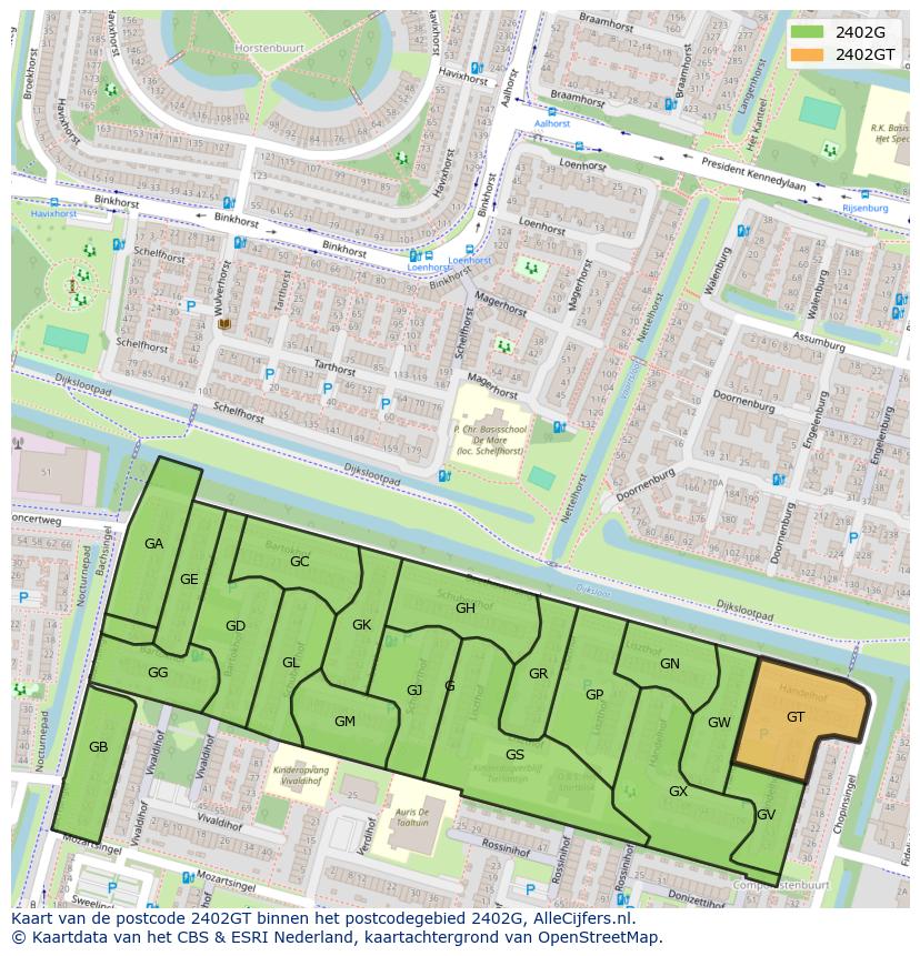 Afbeelding van het postcodegebied 2402 GT op de kaart.