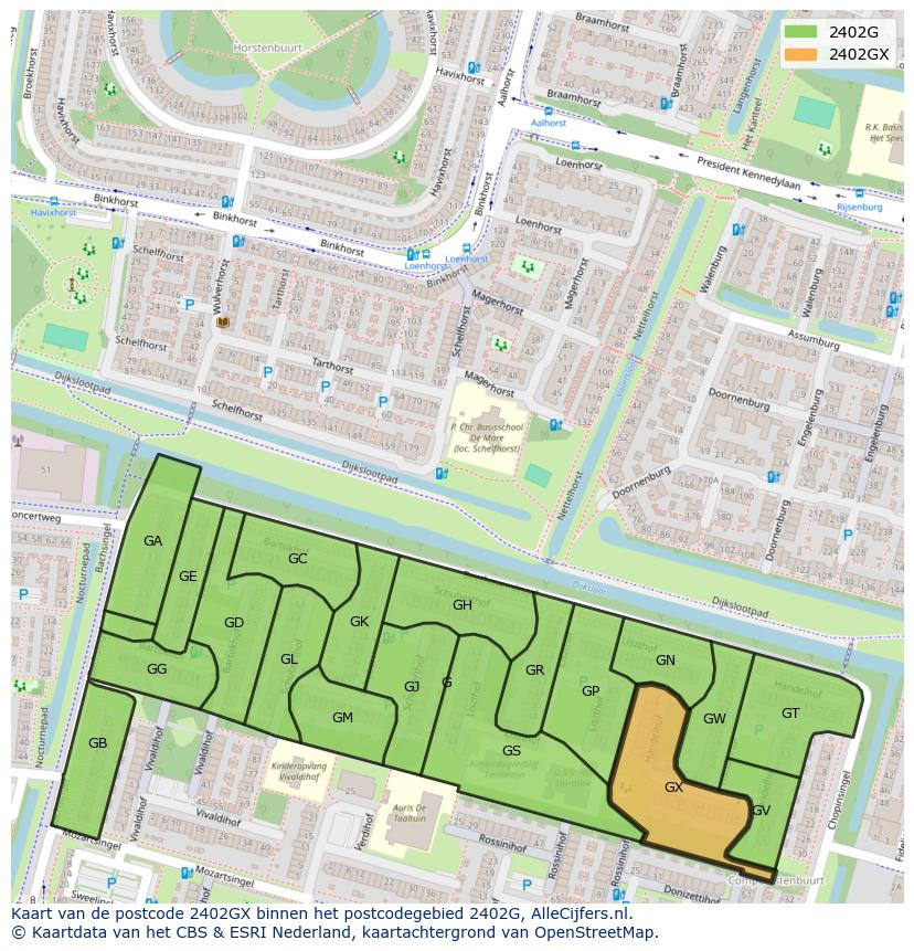 Afbeelding van het postcodegebied 2402 GX op de kaart.