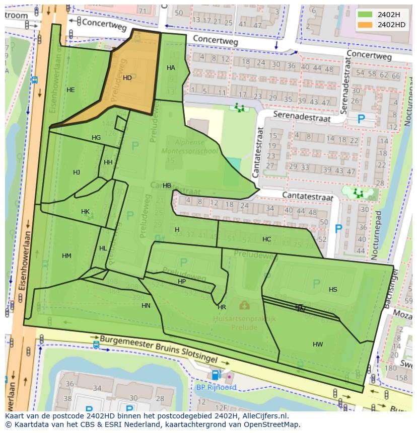 Afbeelding van het postcodegebied 2402 HD op de kaart.
