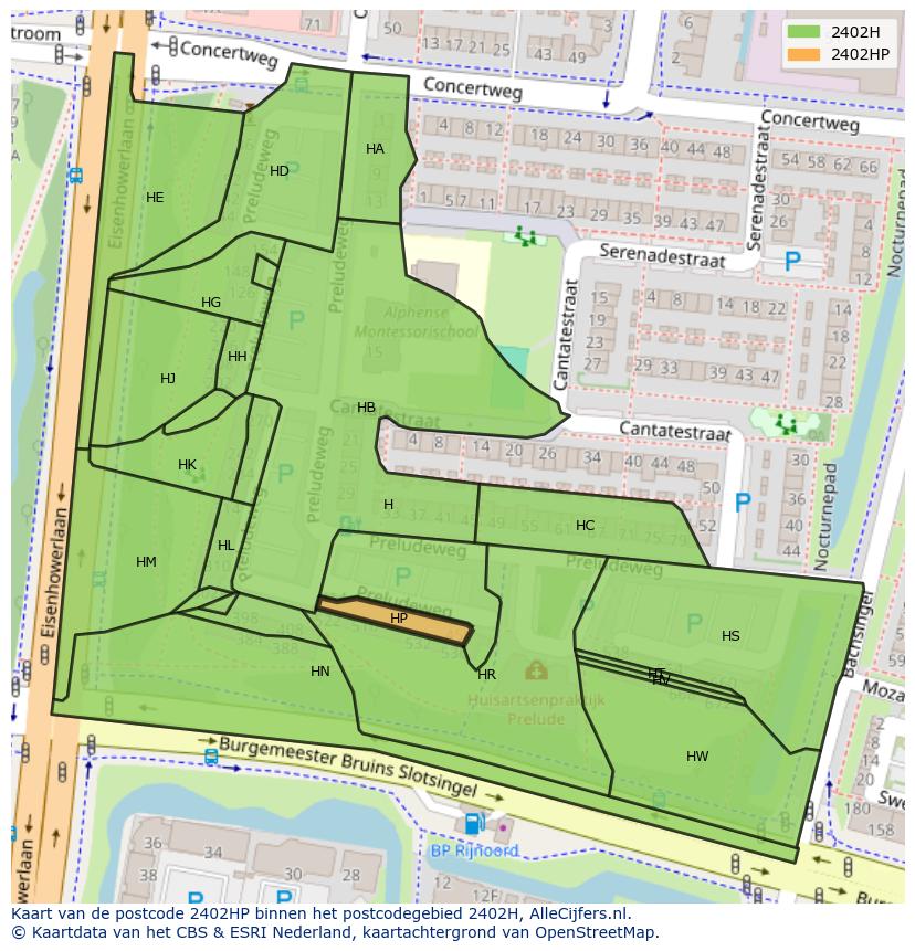 Afbeelding van het postcodegebied 2402 HP op de kaart.