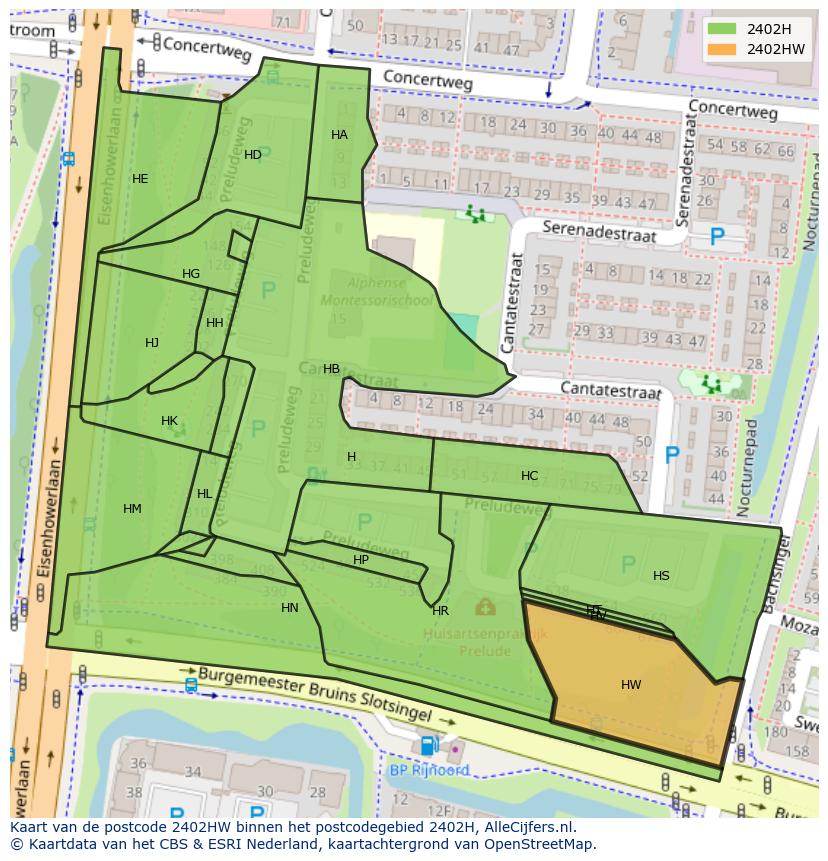 Afbeelding van het postcodegebied 2402 HW op de kaart.