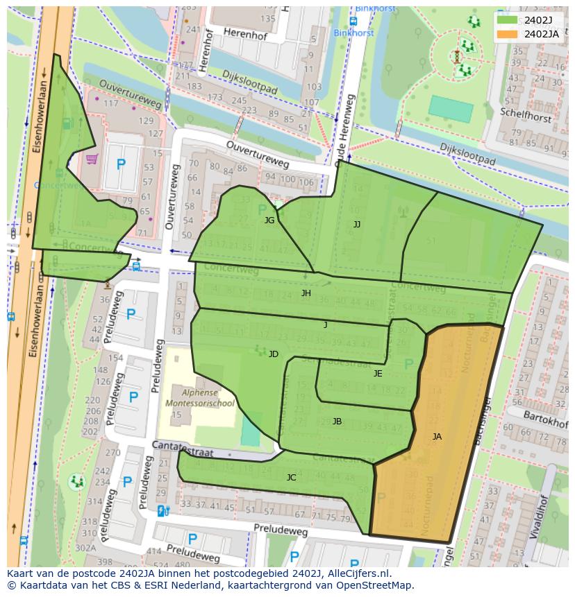 Afbeelding van het postcodegebied 2402 JA op de kaart.