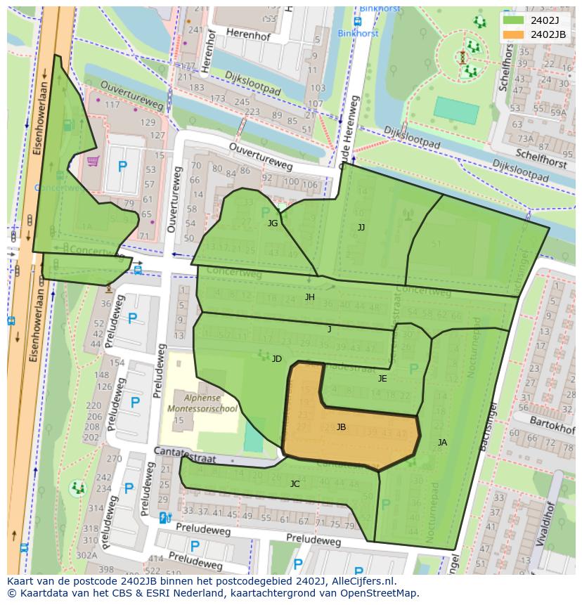 Afbeelding van het postcodegebied 2402 JB op de kaart.