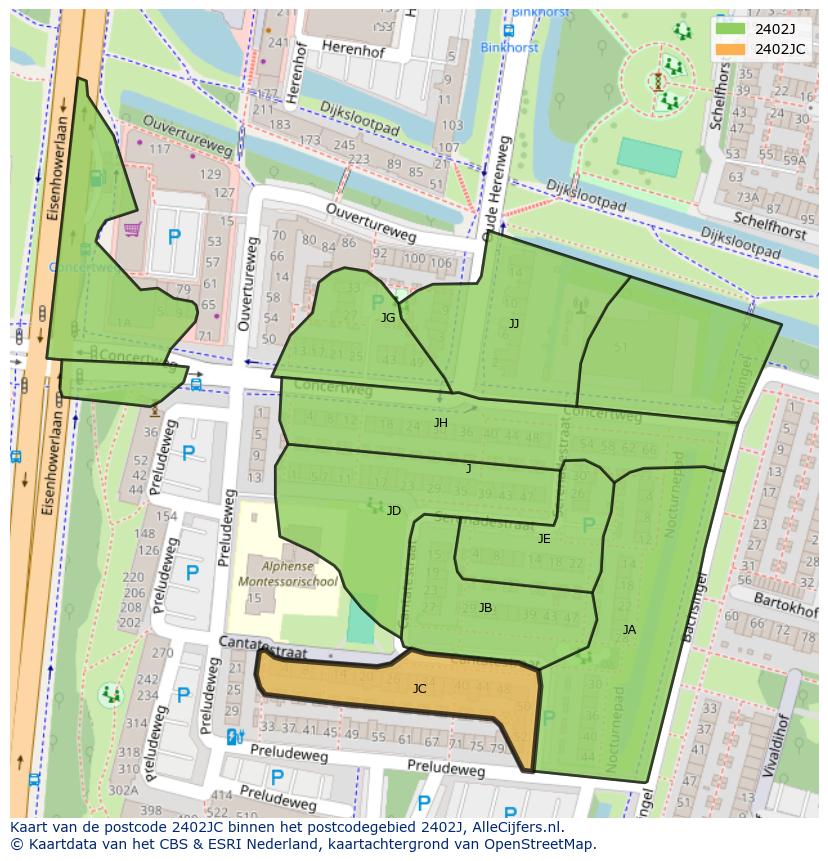 Afbeelding van het postcodegebied 2402 JC op de kaart.