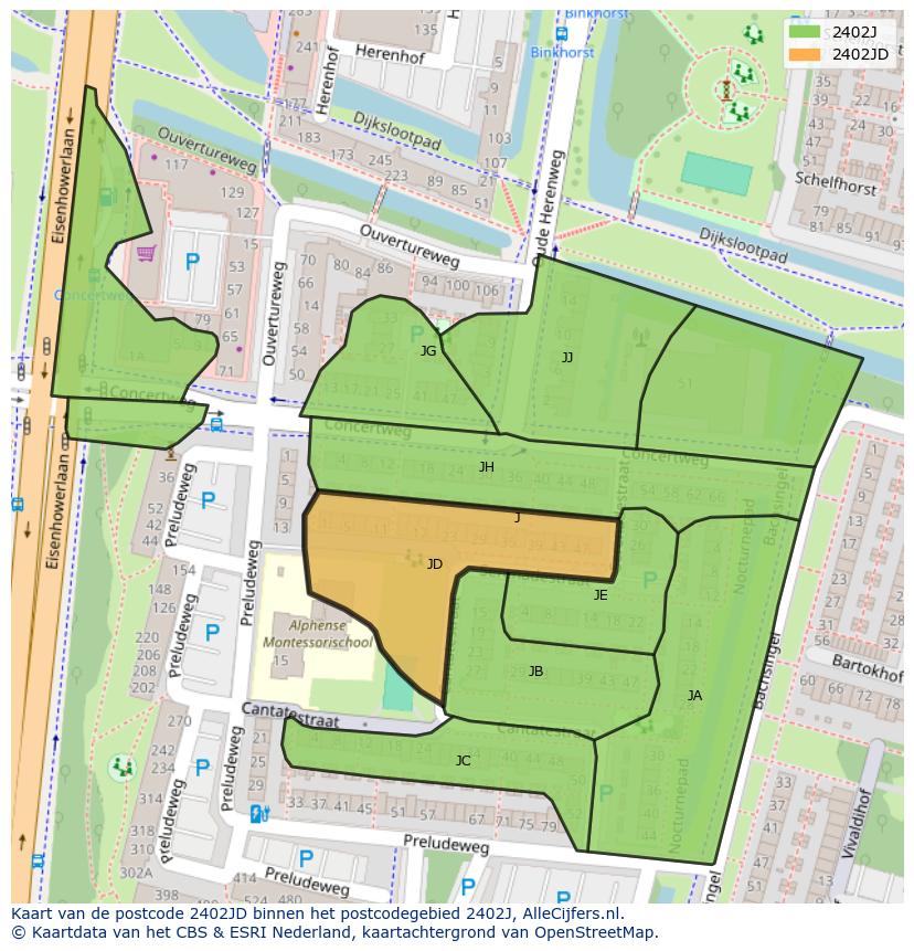 Afbeelding van het postcodegebied 2402 JD op de kaart.