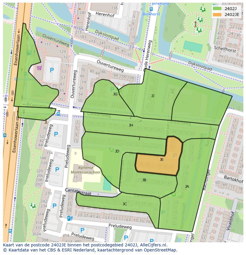 Afbeelding van het postcodegebied 2402 JE op de kaart.