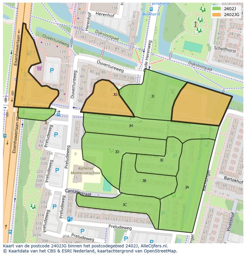 Afbeelding van het postcodegebied 2402 JG op de kaart.