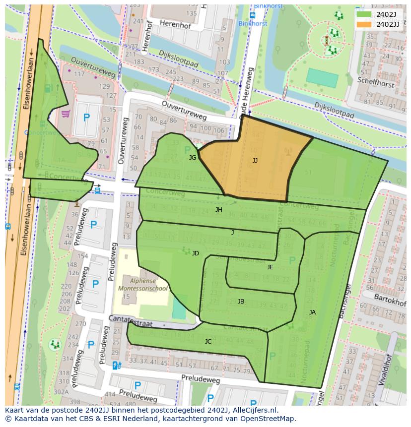 Afbeelding van het postcodegebied 2402 JJ op de kaart.