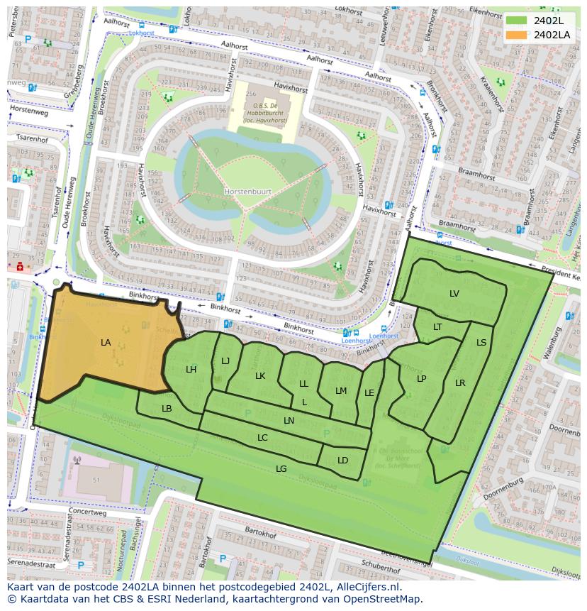 Afbeelding van het postcodegebied 2402 LA op de kaart.