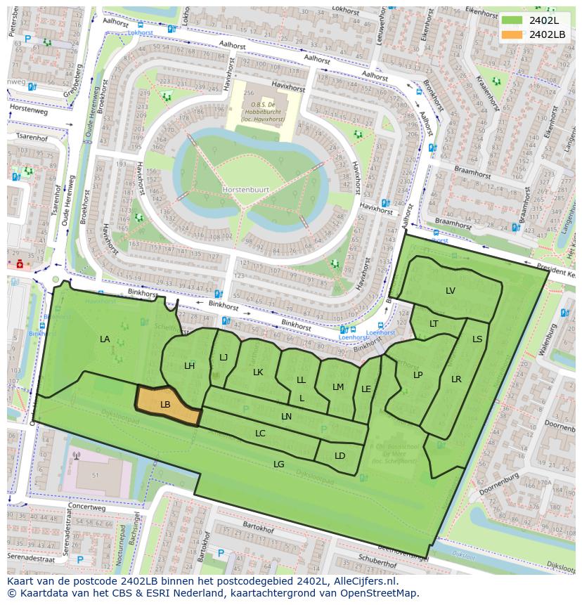 Afbeelding van het postcodegebied 2402 LB op de kaart.