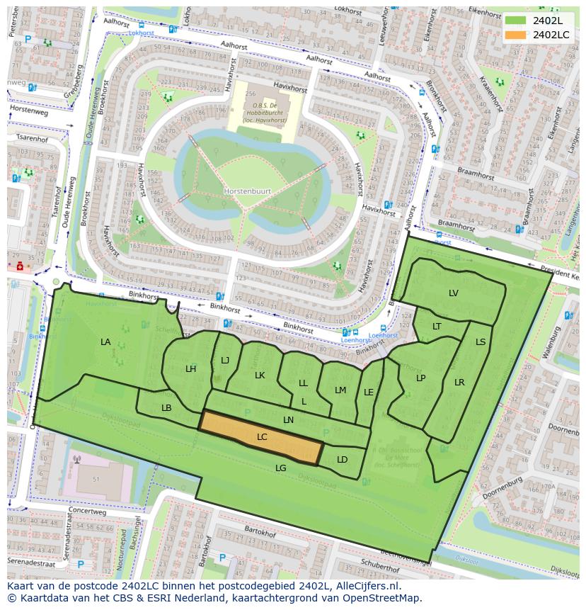 Afbeelding van het postcodegebied 2402 LC op de kaart.