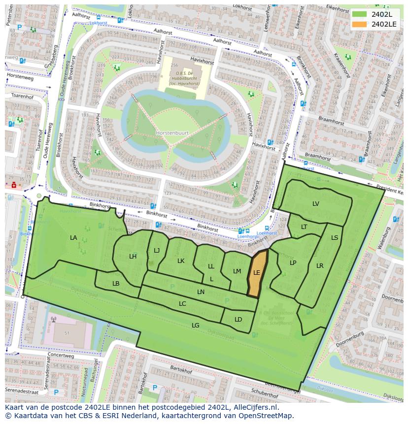 Afbeelding van het postcodegebied 2402 LE op de kaart.