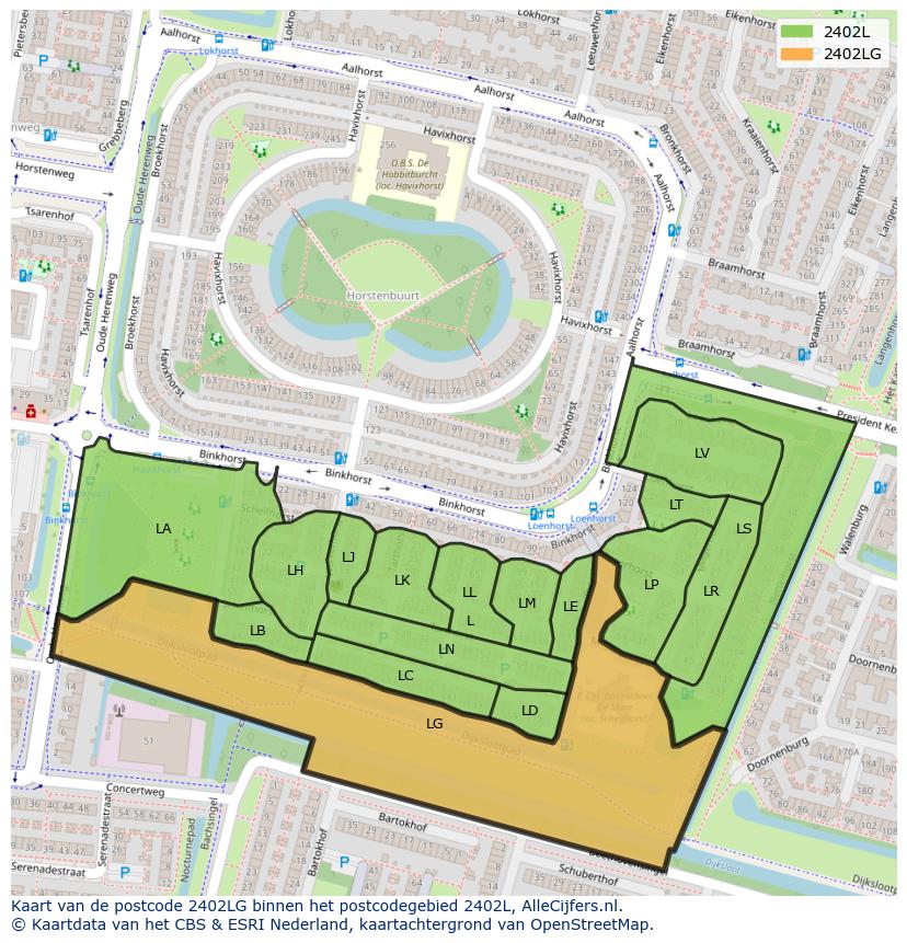 Afbeelding van het postcodegebied 2402 LG op de kaart.