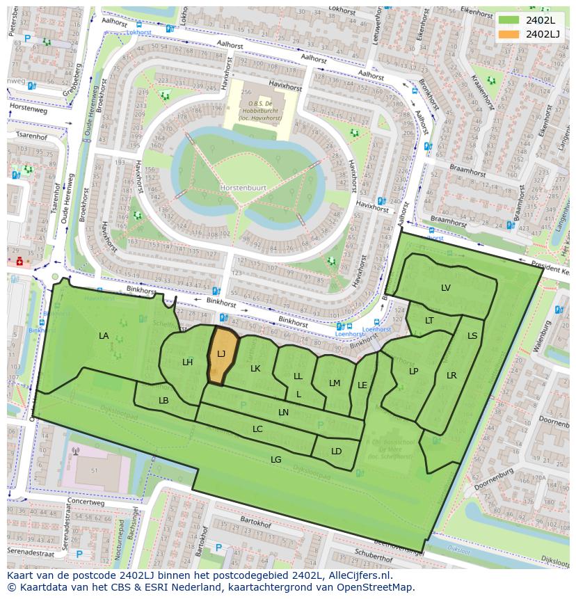 Afbeelding van het postcodegebied 2402 LJ op de kaart.