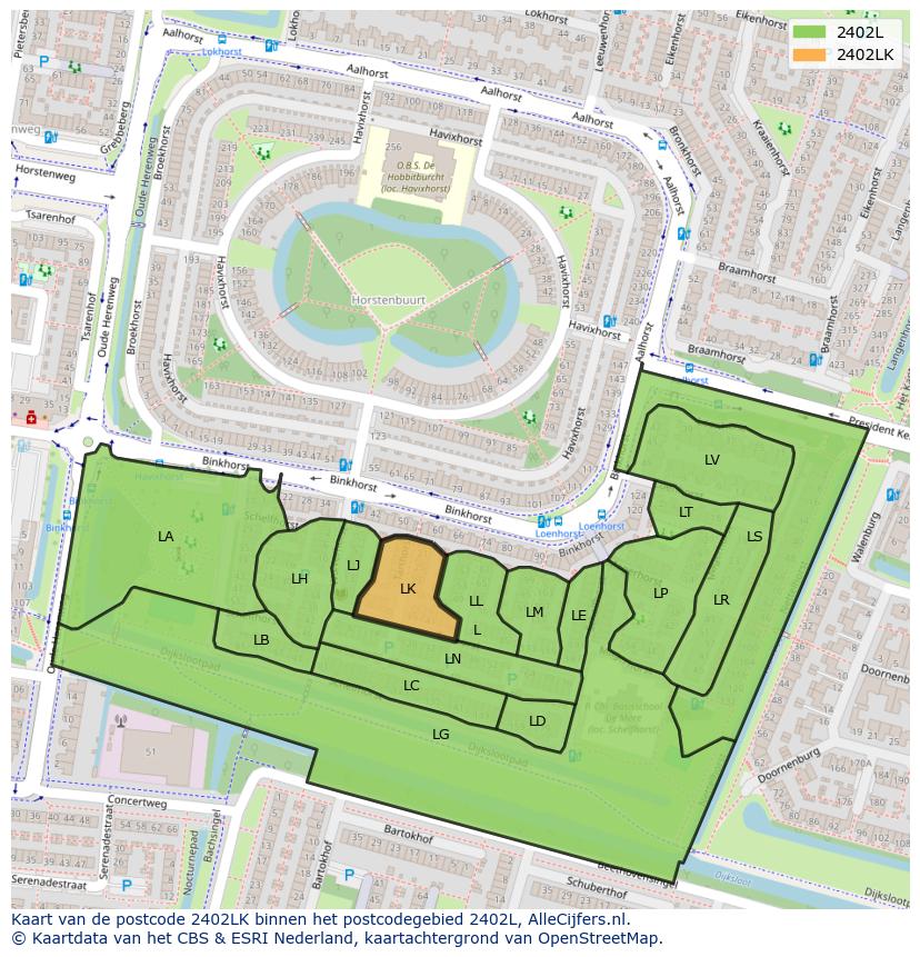 Afbeelding van het postcodegebied 2402 LK op de kaart.
