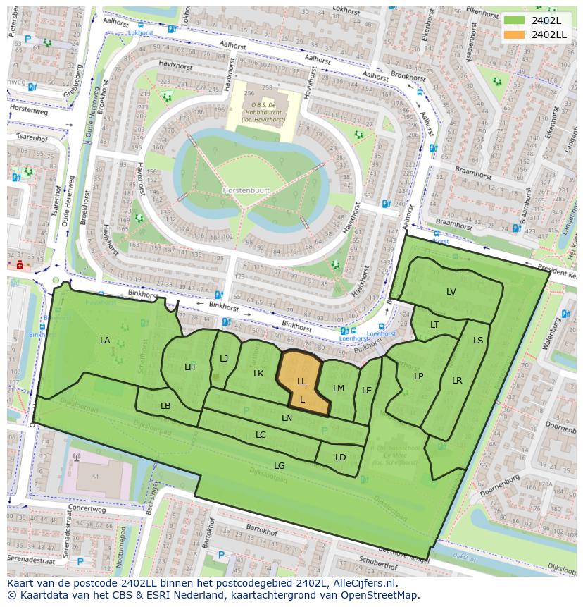 Afbeelding van het postcodegebied 2402 LL op de kaart.