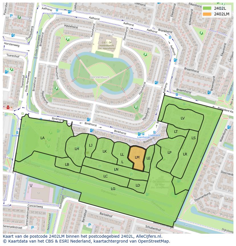 Afbeelding van het postcodegebied 2402 LM op de kaart.