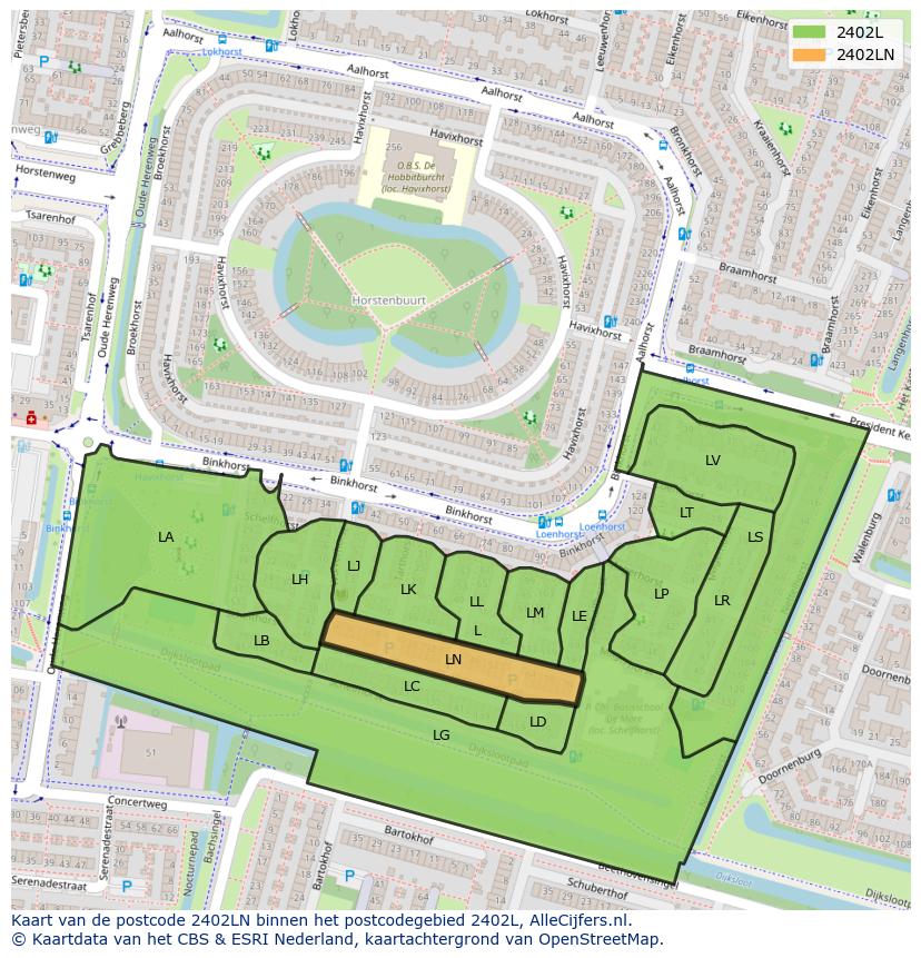 Afbeelding van het postcodegebied 2402 LN op de kaart.